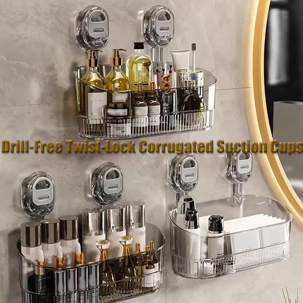 No-Drill Bathroom Suction Storage Box Large Capacity & Strong Load-Bearing, 2026 New Bathroom Shelf No Drill with Suction Cups, Removable No Drills Shower Caddy for Kitchen & Bathrooms (Transparent*2)