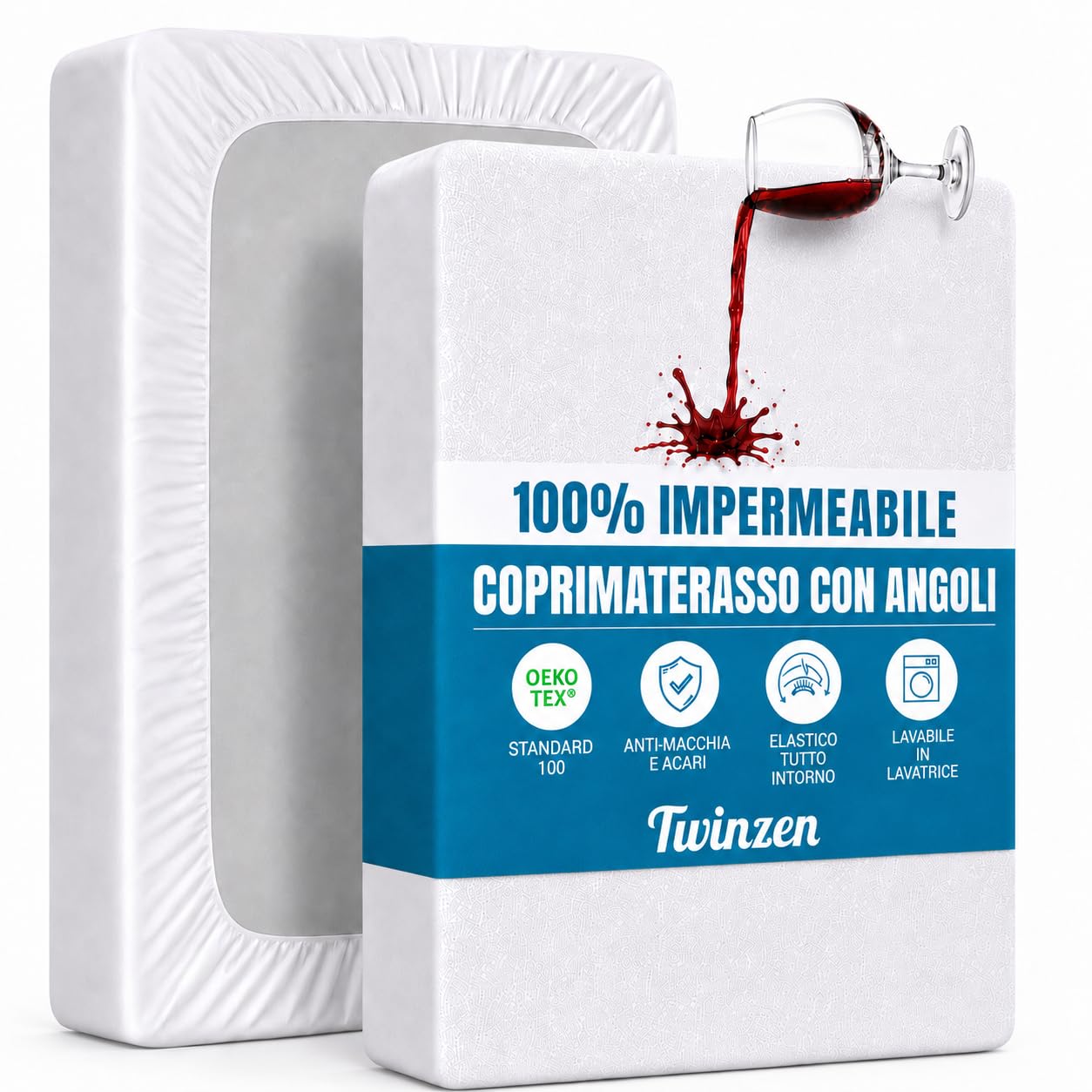Twinzen - Coprimaterasso Matrimoniale Impermeabile - 160x200cm | Con Angoli · Traspirante · Anallergico · Anti-Macchia · 100% Microfibra · Cerata Letto · Lavabile a 90°C · Oeko-TEX