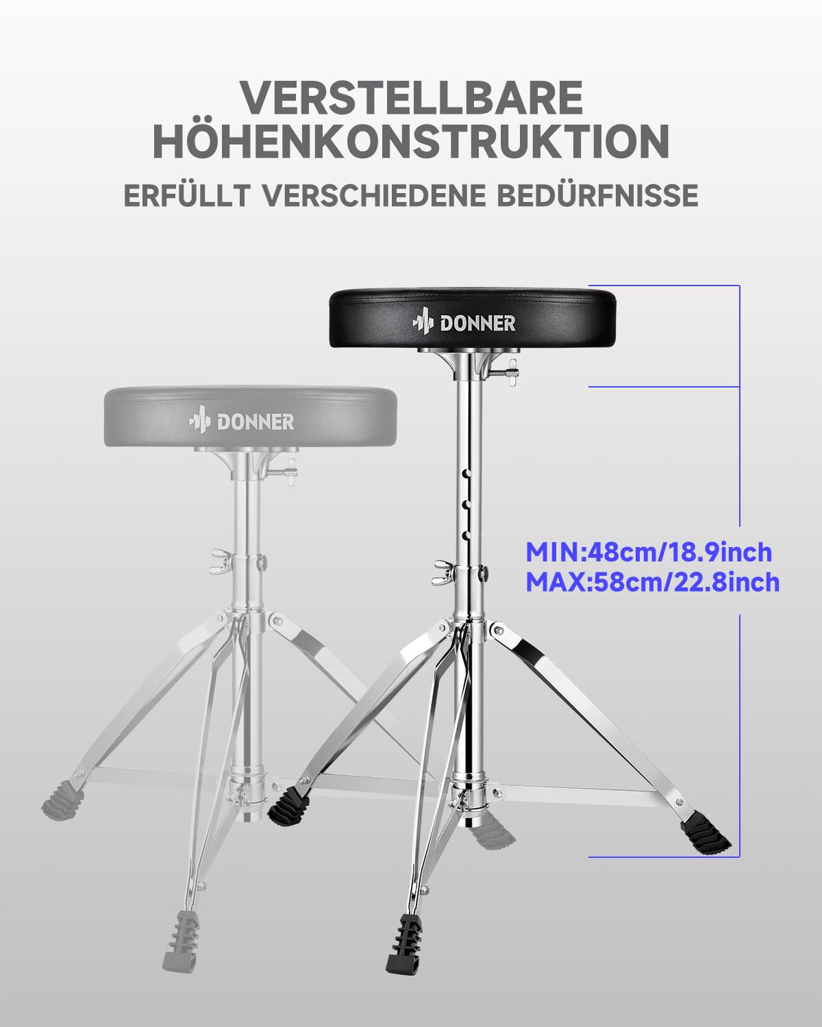 Donner Drumhocker mit Ahorn Holz Drumsticks, Schlagzeughocker Höhenverstellbar 48-58 cm für Elektronisches Schlagzeug, Drum Set, Maxi Belastung 90 kg