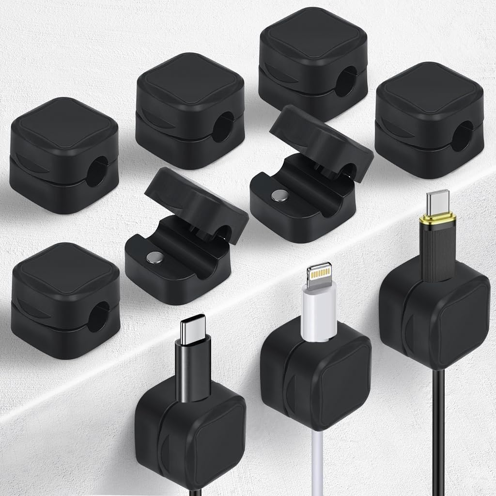 Magnetic Cable Holder & Cord Organizer – Self-Adhesive Wire Clips for Desk Cable Management, USB Charger Cable, Earphone, Power Cords – Home Office Car Wire Management (10 Pieces, Black)