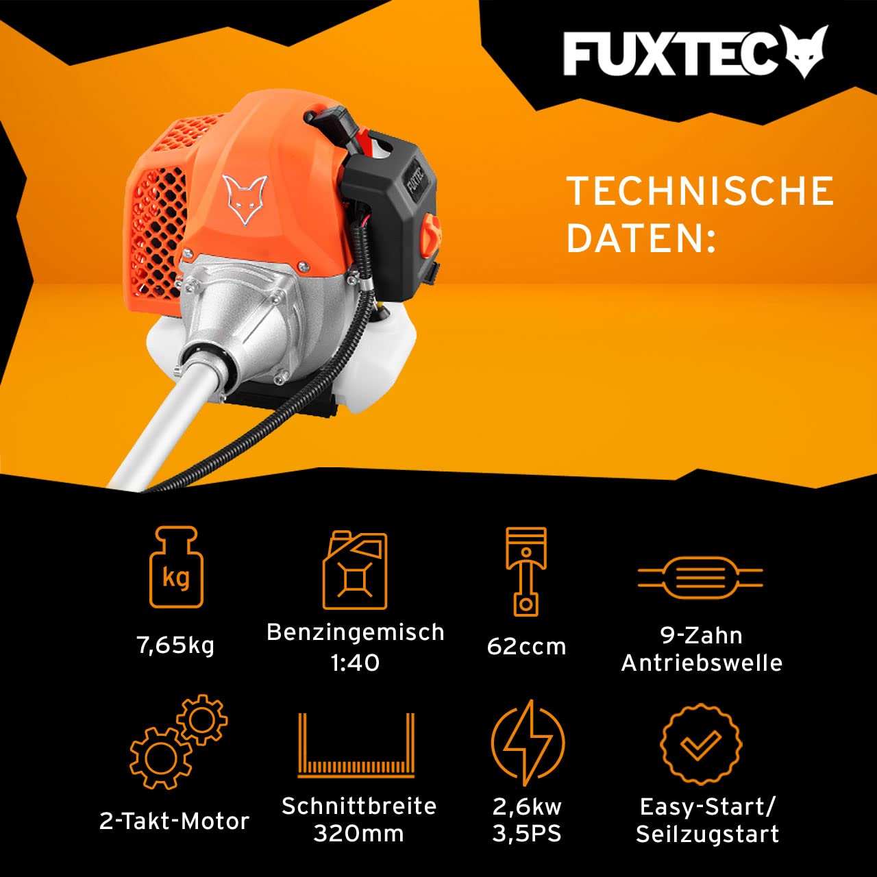 FUXTEC Benzin Motorsense – 2in1 Multitool Trimmer FX-MS162 mit 62cc 3,5PS Leistung, 2-Takt - Profi-Tragegurt Rasentrimmer, Freischneider fs Faden – Easy Starter