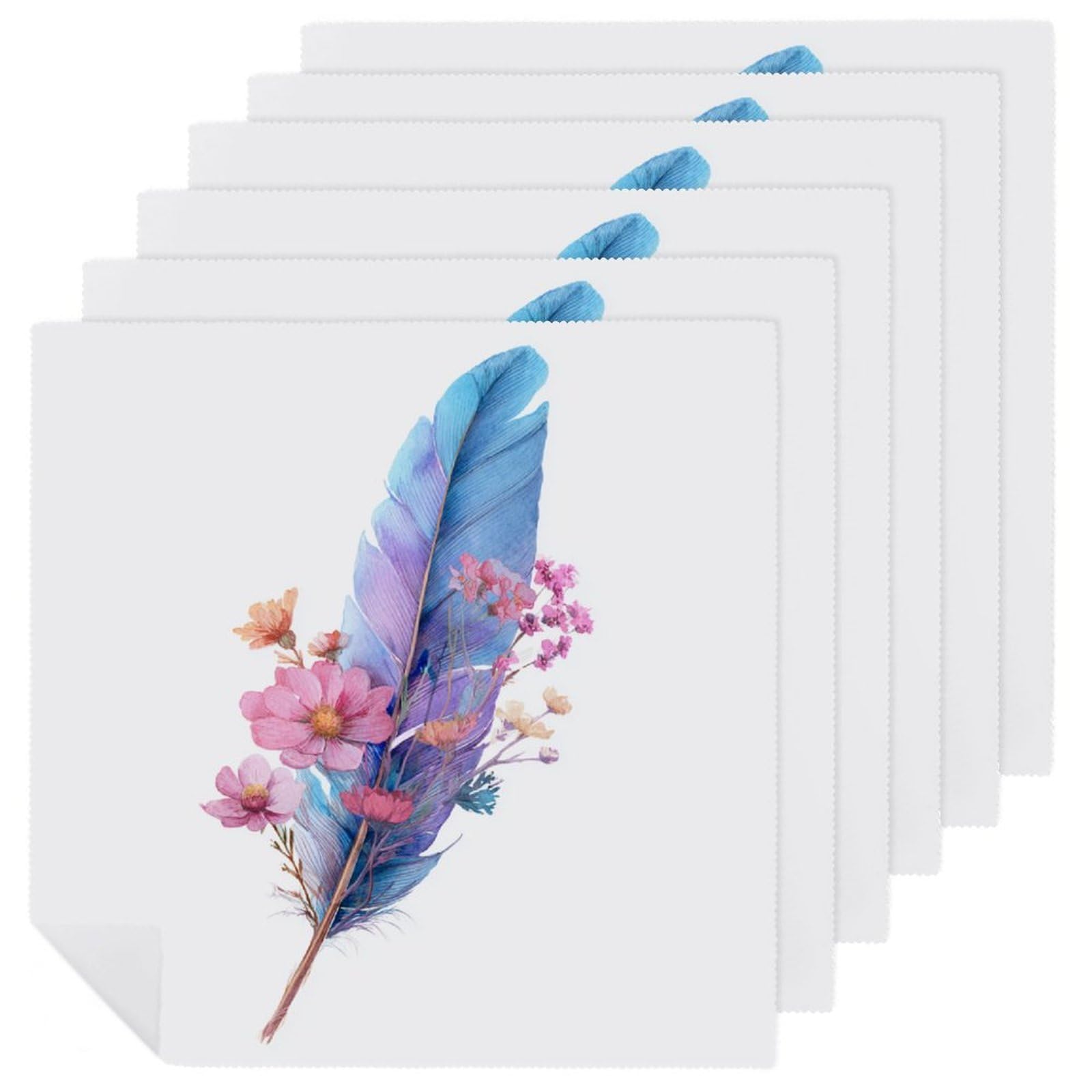Watercolor Blue Feather with Wildflowers Cloth Napkins Set of 6, Square Premium Reusable Washable Polyester Table Linen Napkin for Dinner Party