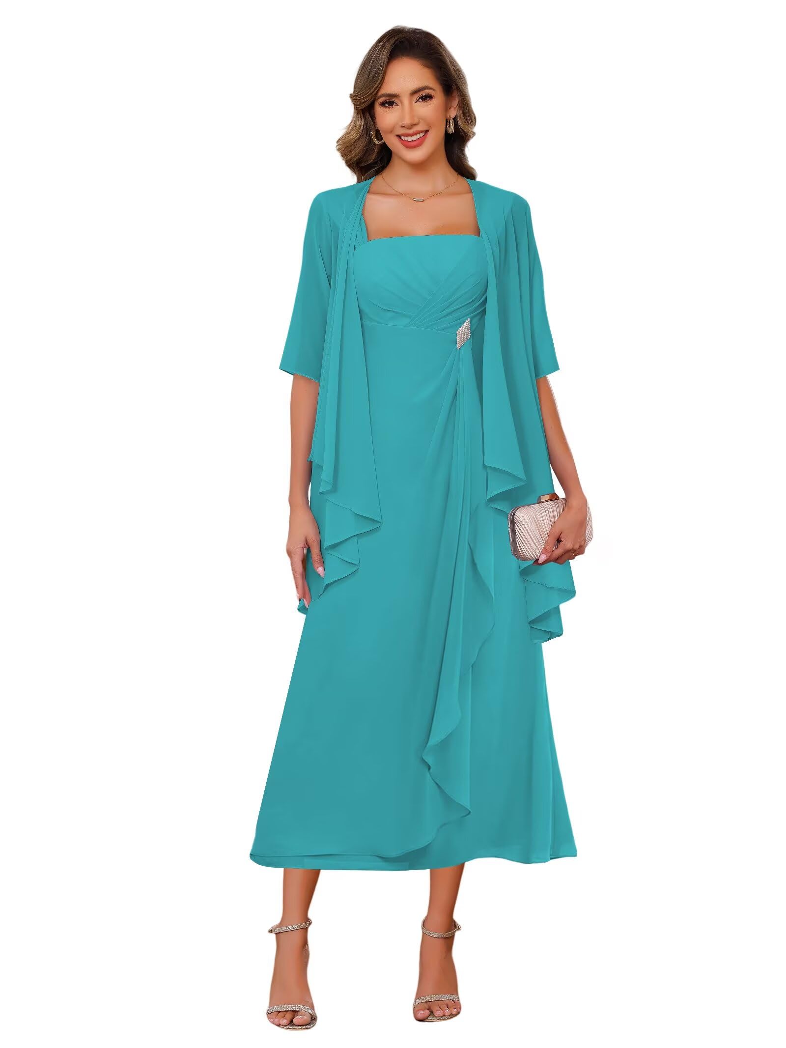2 Piece Chiffon Mother of The Bride Dresses with Jacket Ruffle Formal Evening Dress VS179