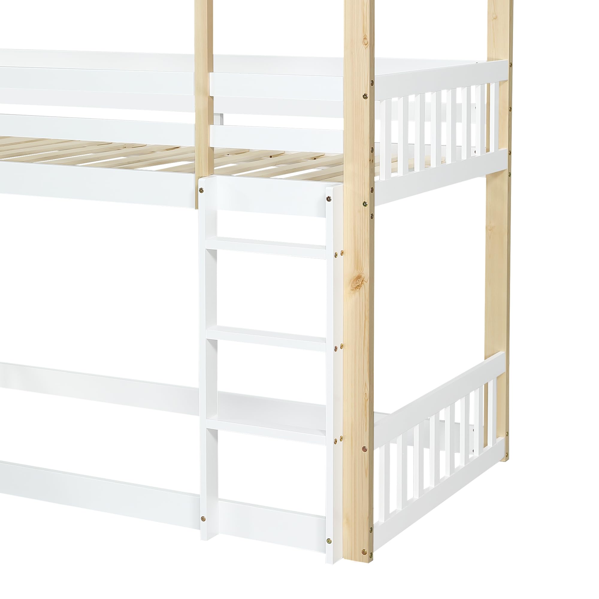 SACOOL Letto a castello 90 x 200 cm con finestre e scala angolare a tre livelli, culla con scivolo, letto con recinzioni e protezione anticaduta, telaio in legno massello, bianco e naturale