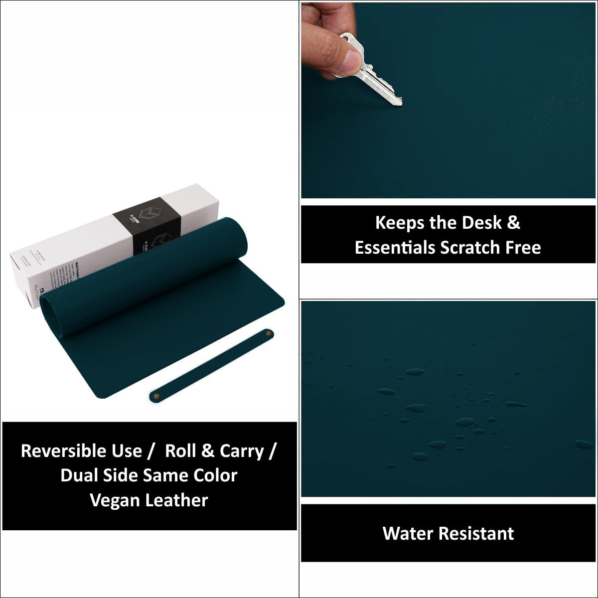 V-CUBE DESIGNS Premium Vegan Leather Desk Mat 90X45cm 2.4mm Thick&Padded|Laptop Mat/Extended Mouse Pad/Stitched, Reversible, Sturdy Deskspread with High Tear/Peel Strength|Anti-Slip,Splash-Proof|Teal 2