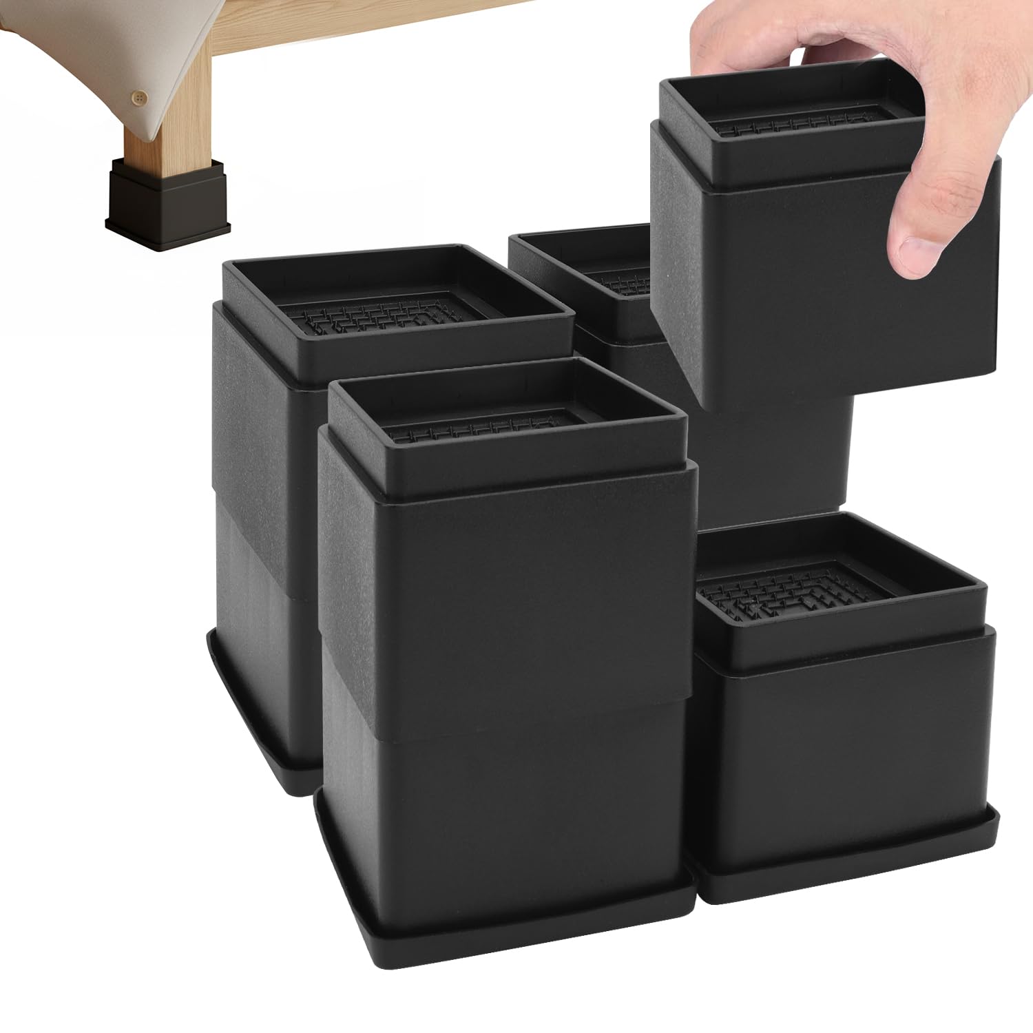 Lot de 8 rehausseurs de Meubles réglables 5 cm, 10 cm, 15 cm Empilables Rallonge de Pied de Table, Rehausseur Pieds de lit, Rehausseur Antidéapants Pied Canape