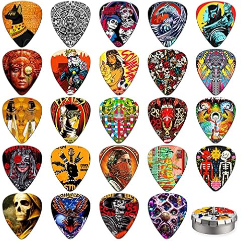 Guitar Picks,24 Pack Guitar Plectrums Thin, Medium, Heavy & Extra Heavy Picks with Tin Box,Personalised Plectrums for Acoustic,Bass,Electric Guitar Includes 0.46mm 0.71mm 0.96mm 1.2mm(Mix-1) Cover