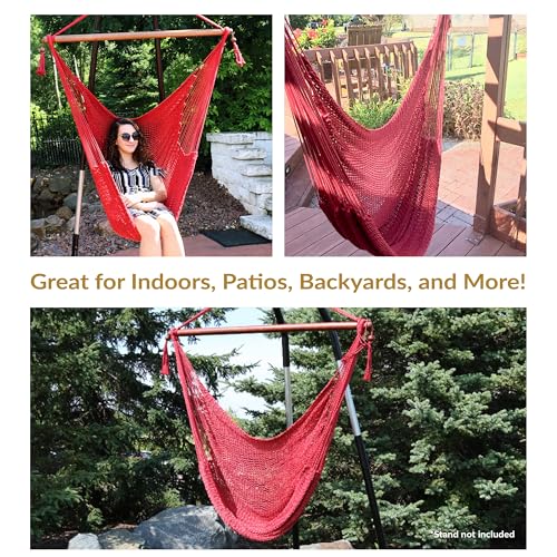 Image of Sunnydaze Outdoor Hammock Chair Swing for Reading - Hanging Hammock Swing for Indoor or Patio - 300lb Capacity - Caribbean XL - Red