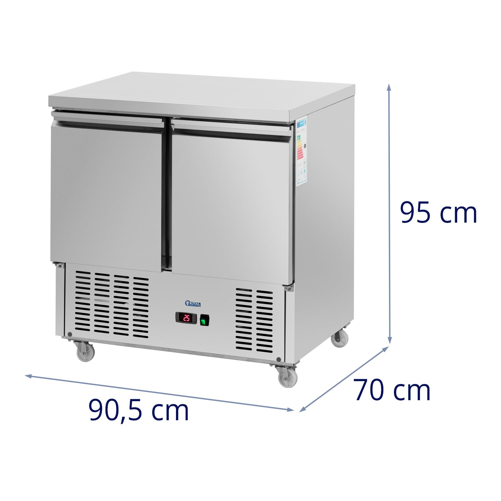 Royal Catering Table réfrigérée sur roulettes 240 l avec 2 compartiments 90 x 70 cm Classe C Inox - Table frigo Desserte réfrigérée Table froide
