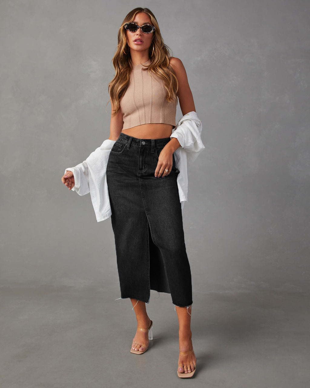 Gonne Donna, Gonna Dritta in Denim Donna Skirts Effetto Used Lavata Spacco Frontale Vita Alta Stile Y2K Tasche Casual Fianchi Avvolti per L'Ufficio e L'Uso Quotidiano.