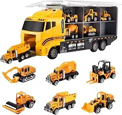 Caminhão Transportador Cegonha com 6 Veículos de Construção, 36 cm, Luzes e Sons, Brinquedo Infantil