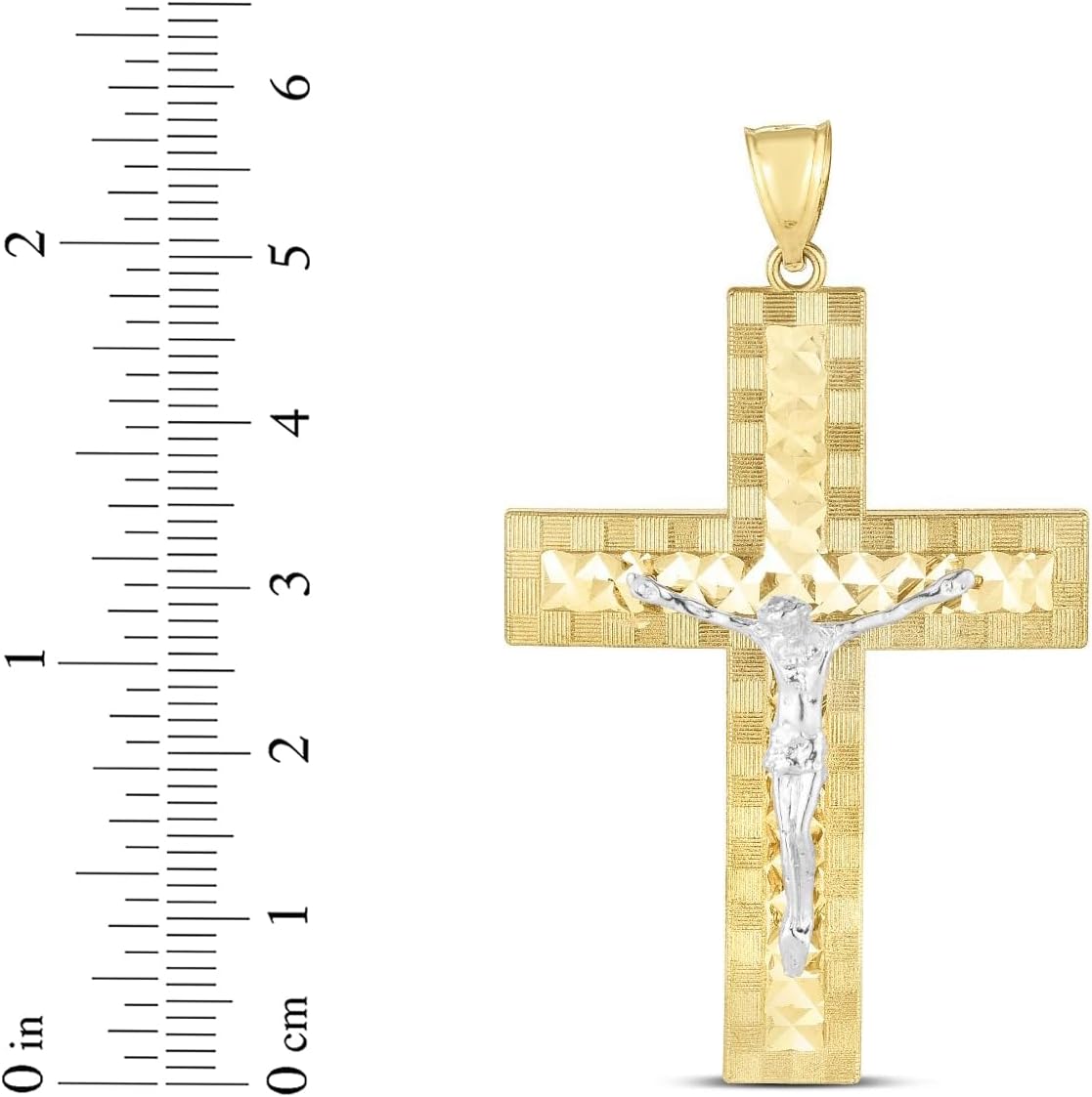 Floreo 14k Yellow Gold 1.9" Diamond Cut & Textured Jesus Crucifix Two-Tone Cross Charm Pendant with optional Chain Necklace - Image 5