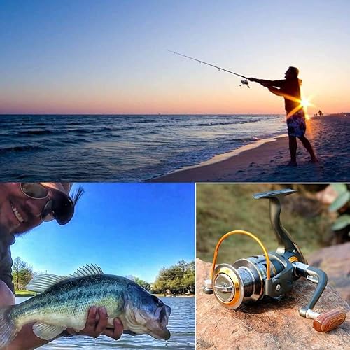 Sougayilang Carretes de pesca giratorios con mango plegable de madera intercambiable izquierda/derecha, cuerpo de metal potente, relación de