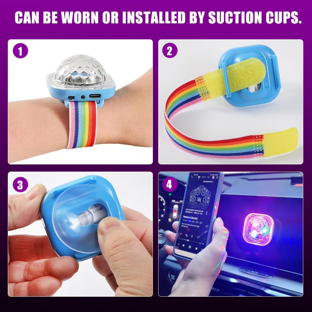 8 Stück Disco Ball Licht, USB Aufladen Discokugel Armband, Tragbare Discokugel Armband Partylicht mit Saugnapf, 5 Dynamische, Sprachgesteuert, für Party Auto Tanzen DJ Club, Weiß Rosa Gelb Blau