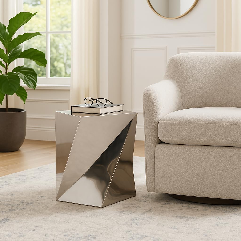 Room Decor End Table, Side Table, or Small Night Stand - Twisted Metal Accent Table for Office, Bedroom, or Living Room Decor - Abstract Decorative Bedside Table for Big or Small Spaces - 22" Silver