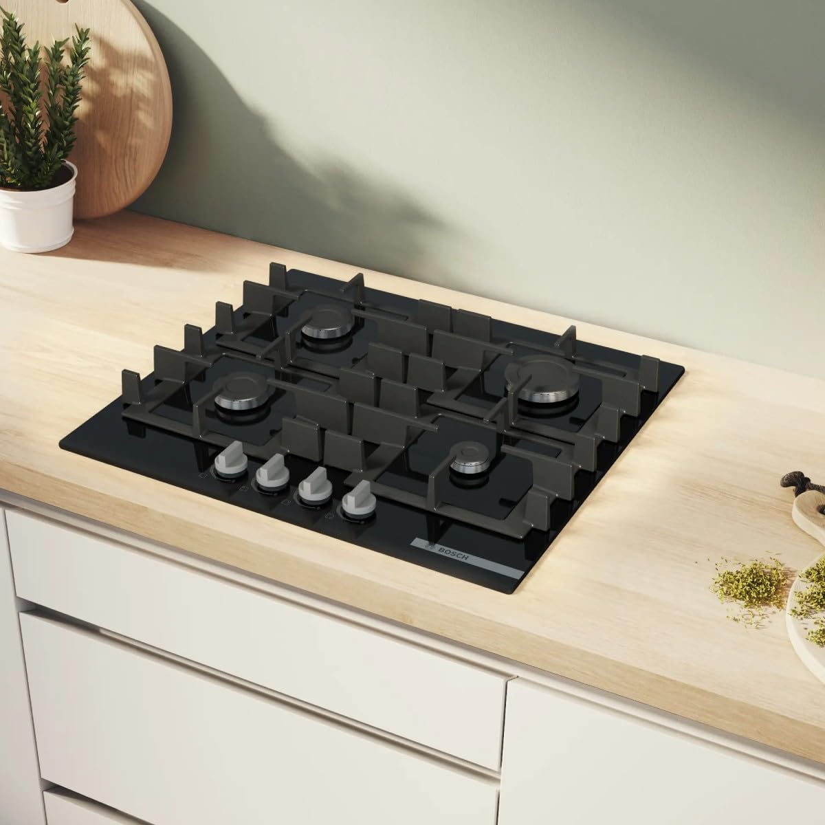 Bosch PNP6B6K40 Serie 4 Gasherd, 60 cm, gehärtetes Glas, Schwarz | Gaskochfeld mit präziser Flammenkontrolle, spülmaschinenfeste Gusseisen-Grillroste Made in Europe