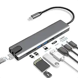 Adaptador Hub 8 em 1 USB-C HDMI 4K VGA RJ45 SD/TF 2 USB 3.0 PD 100W Para MacBook, Windows, Chromebook, Notebook, Tablet e Celular - Conversor Multiportas USB-C para HDMI/VGA/Ethernet