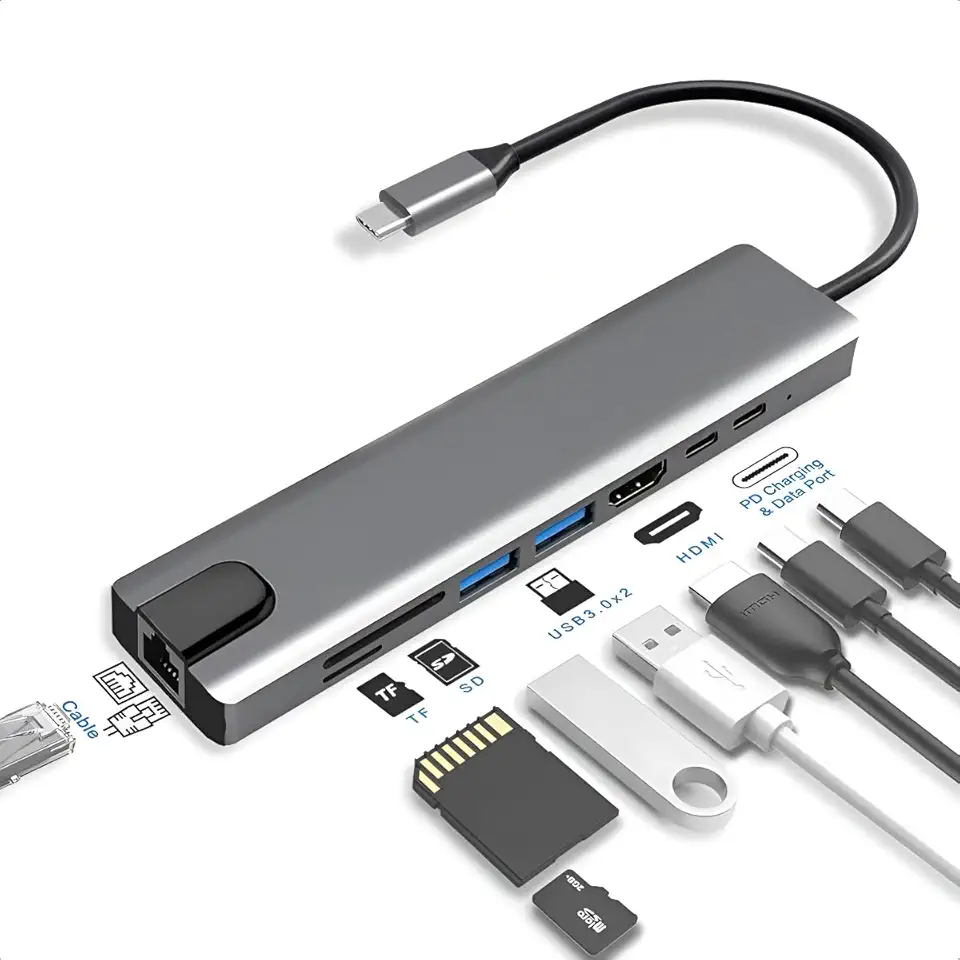 Adaptador Hub 8 em 1 USB-C HDMI 4K VGA RJ45 SD/TF 2 USB 3.0 PD 100W Para MacBook, Windows, Chromebook, Notebook, Tablet e Celular - Conversor Multiportas USB-C para HDMI/VGA/Ethernet