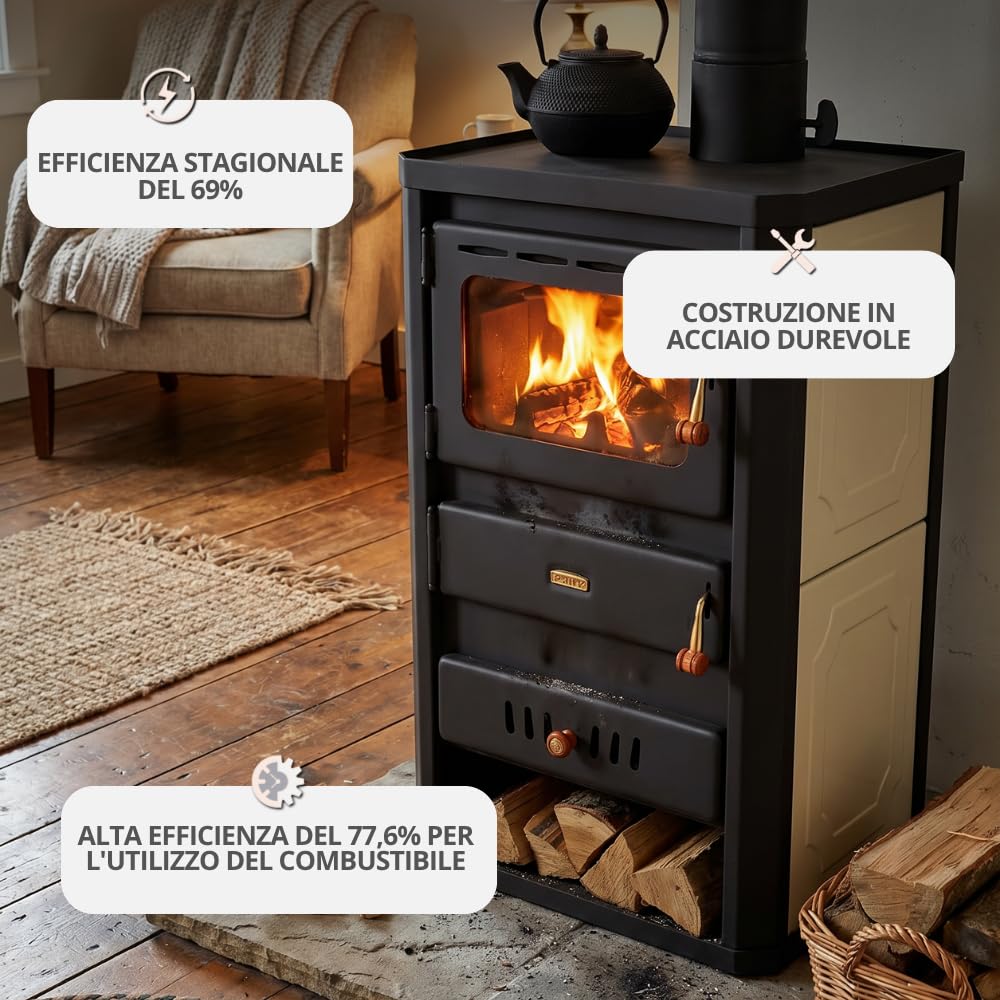 Stufa a legna Prity S2 W10 con rivestimento ad acqua, 10 kW, riscaldamento centralizzato, certificato CE, bruciatore a legna migliorato, conforme alla norma EN