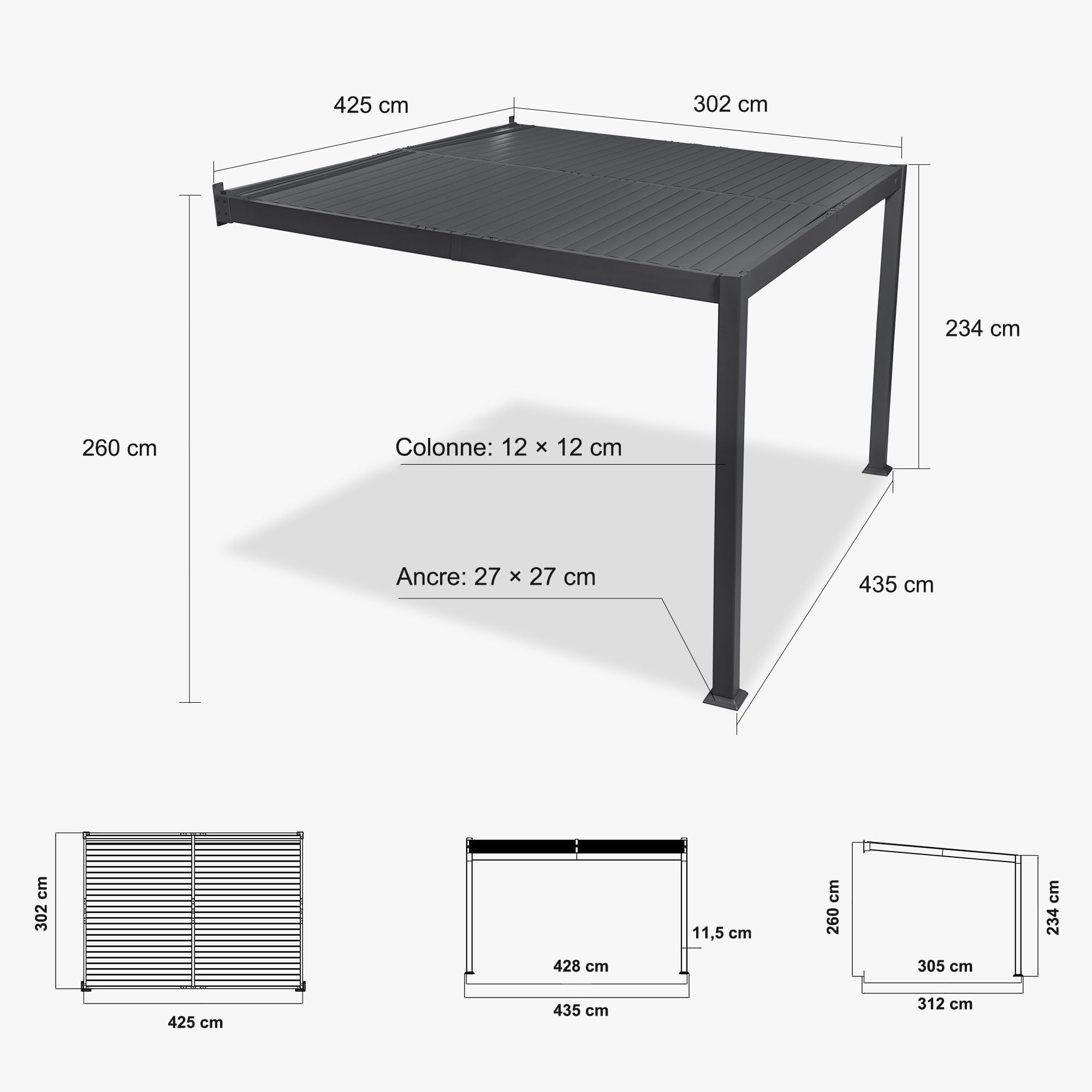 PURPLE LEAF Pergola Bioclimatique Adossée 3 x 4,25 m en Aluminium, Entretien Facile, Pergola Bioclimatique Murale avec Lames Orientables, Résistante UV et Pluie, Idéale pour Jardin et Patio, Gris