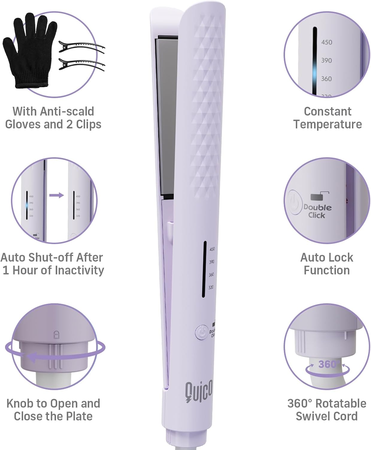 Quico Hair Straightener, 110-240V Global Travel Hair Straighteners for women, 15s Fast Heating, Professional Negative Ion Flat Iron, Temp Memory, 320℉-450℉, Auto-Off, with Glove and Clips, Gift, Lilac - Image 9