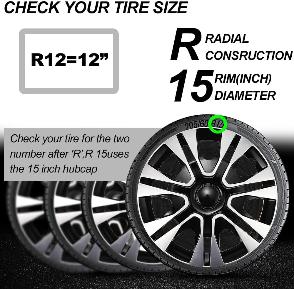12 Inch Wheel Rim Cover Set of 4 Modern Style Hub Caps Black Silver ABS Plastic Car Hubcaps Anti-Scratch and Anti-Rust Waterproof Hubcap Protecting Wheel Internals (Black and Silver)