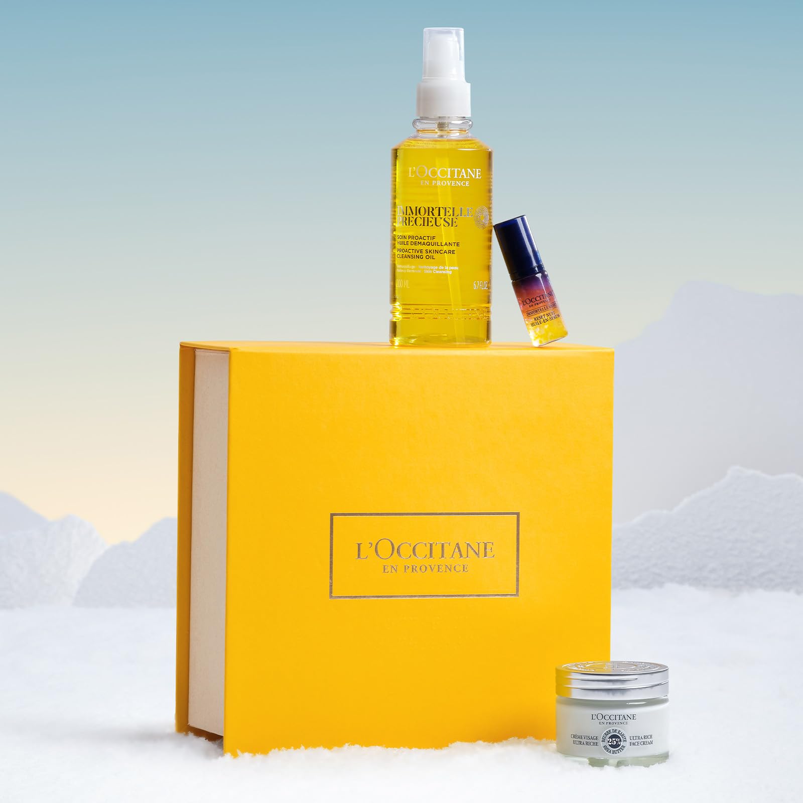 L'OCCITANE - Coffret Soin Visage - Huile démaquillante Immortelle Précieuse, Sérum Immortelle Reset et Crème Visage Ultra-Riche Karité - Fabriqué en France
