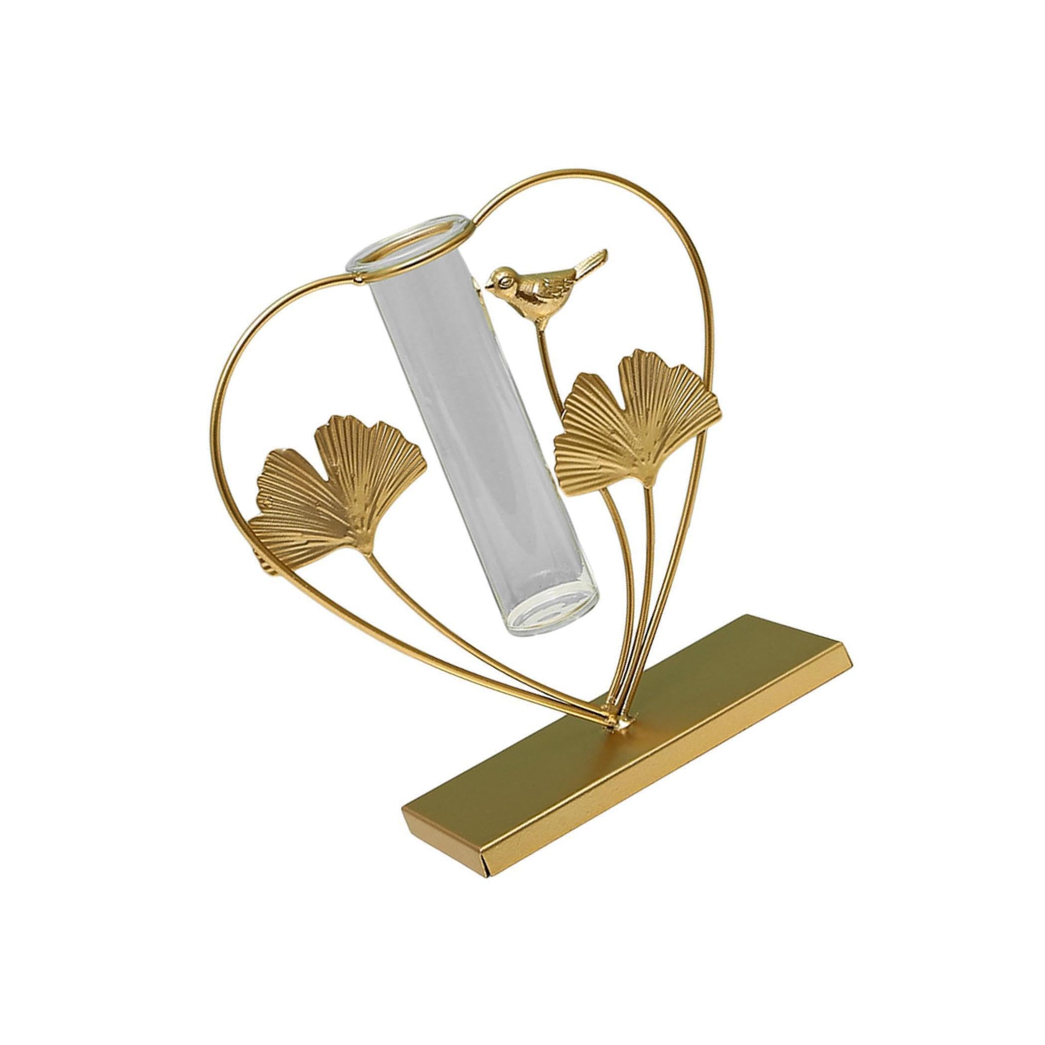 Zanthicia Elegant Hydroponic Glass Vase Metal Frame Terrarium for Desktop Decoration Diffuser arrangement, Gold, Heart