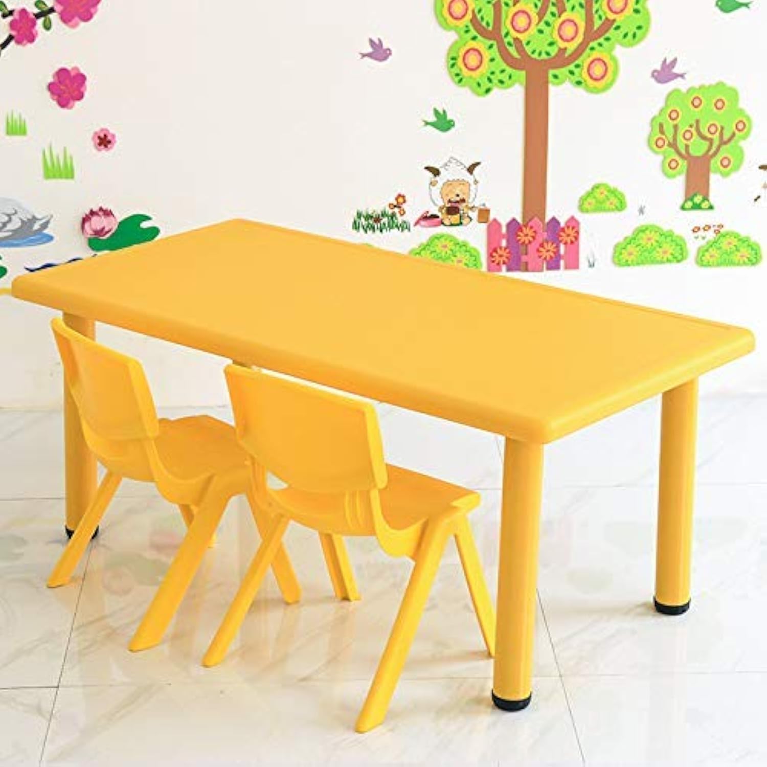 Rainbow Toys Children's table Kids Rectangular Table & Chair Sets, Nursery Kindergarten Plastic Long Desk, for indoor and outdoor use ( 1 Table +2 Chairs, Color : Yellow, Size : 120x60x50cm )