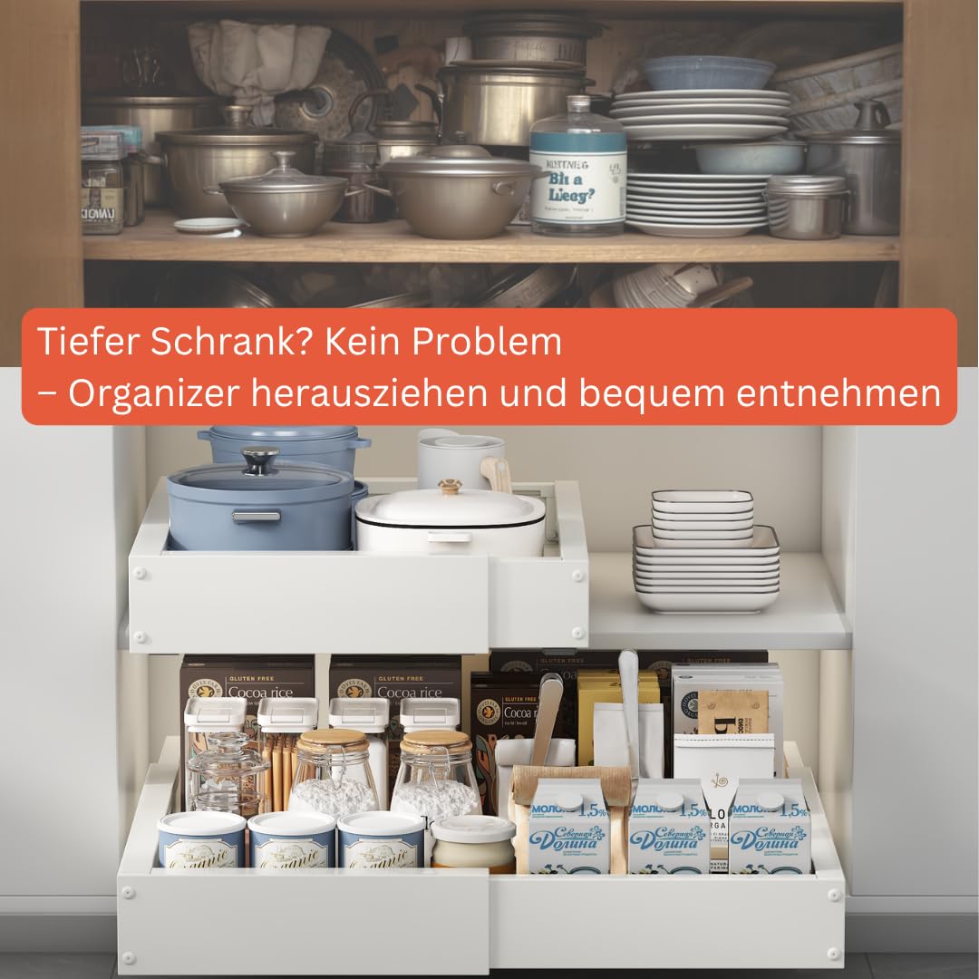 Teleskopschublade, 2 Stück, Weiß | Verstellbar 29–48 cm Breite, 41,5–55 cm Tiefe, Ausziehbar, Küchenschrank Organizer, Stabil