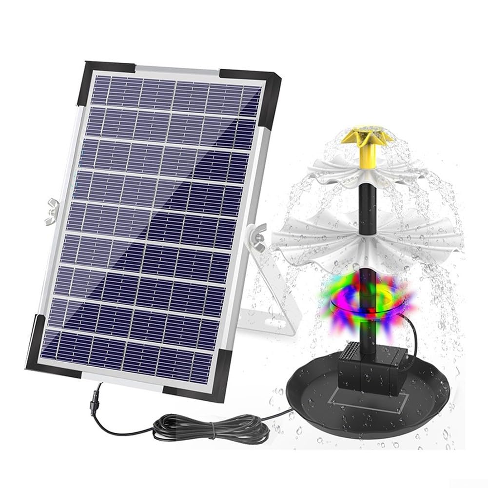 Pompa a fontana per uccelli a energia solare, 6 W, 9 V, con 12 luci LED, 9 ugelli, per giardino, laghetti, piscine, cascata d'acqua (con luce)