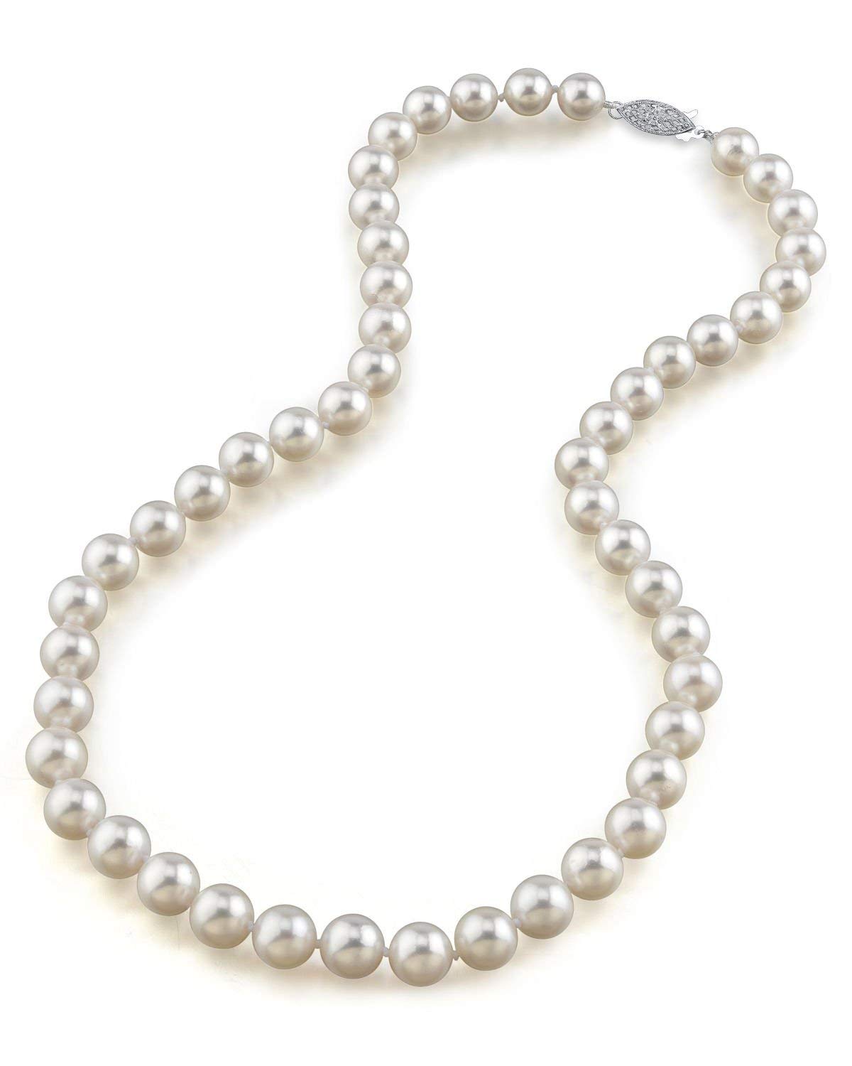 The Pearl Source 14K Gold 8.0-8.5mm Hanadama Quality Round Genuine White Japanese Akoya Saltwater Cultured Pearl Necklace in 20" Matinee Length for