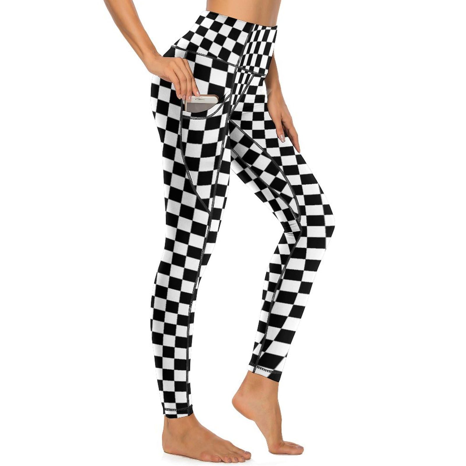 MSOKAZZLES Black White Race Checkered Flag High Waisted Exercise Yoga Pants for Women Running Sports Workout Yoga Leggings with Pockets S