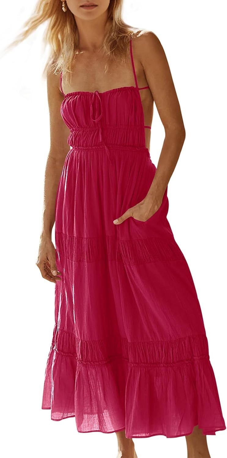 Wenrine Womens Summer Beach Dresses Backless Spaghetti Straps Self Tie Tiered Flowy Casual Maxi Dress with Pockets
