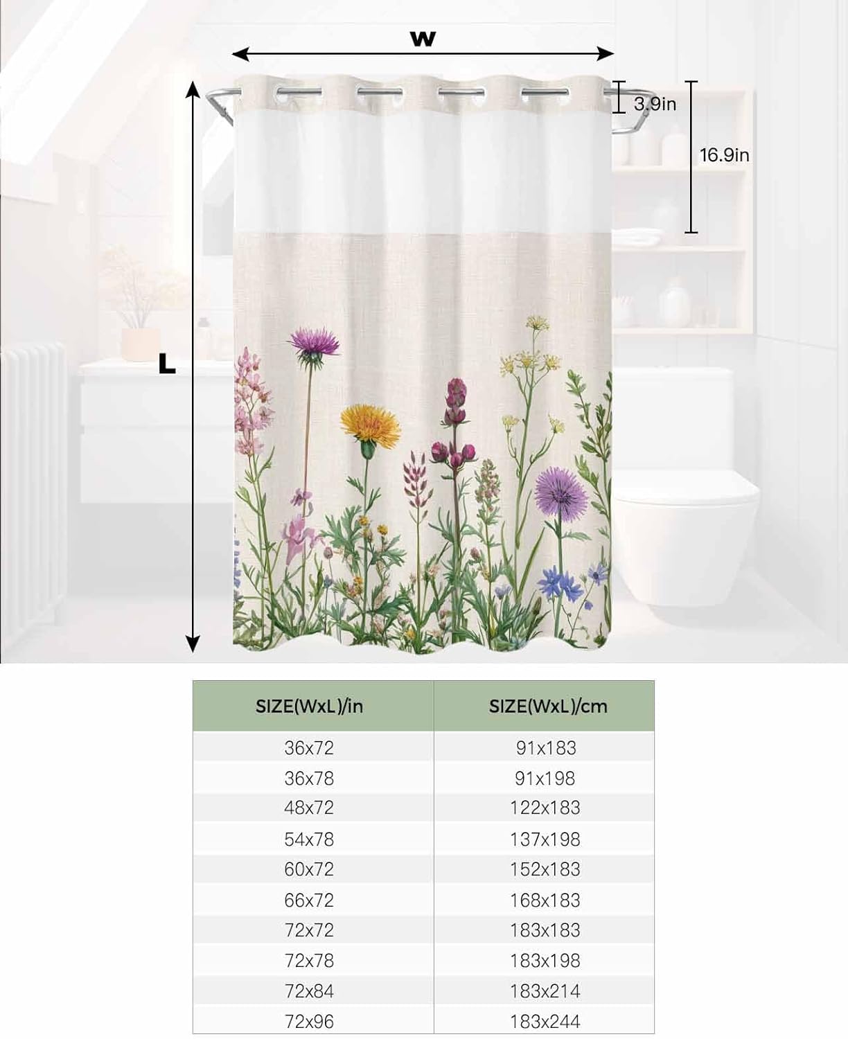 No Hook Shower Curtain with Snap in Fabric Liner Set-Spring Pastoral Flower Wildflower on Linen Bathroom Curtains with See Through Mesh Top Window,Farm Herb Waterproof Double Shower Curtain 72x84In