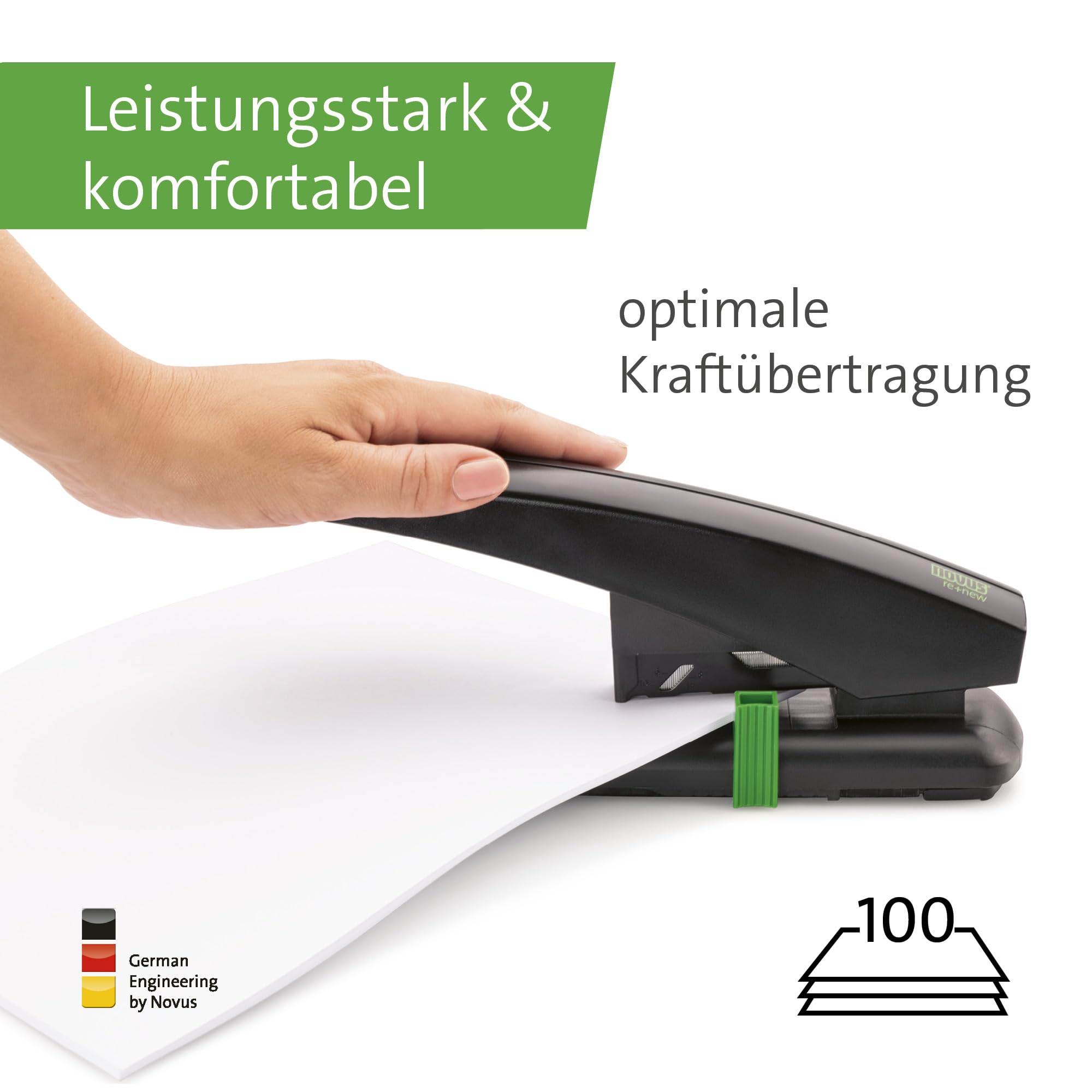 Novus B 40 re+new Blockheftgerät, 100 Blatt, schwarz-grün | Antiblockiersystem, Kunststoffunterteil & Metalloberteil mit Kunststoffummantelung aus 97% recyceltem Kunststoff