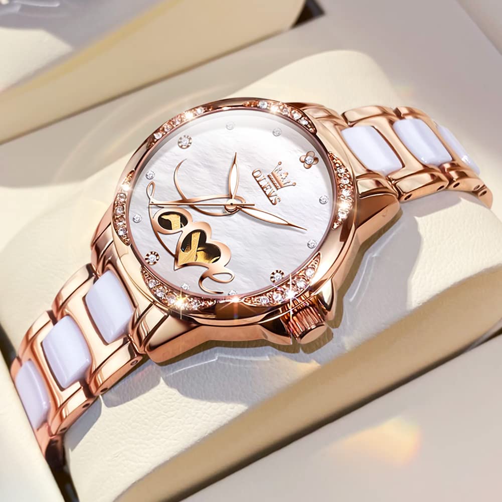 OLEVS Relojes automáticos para mujer, oro rosa, vestido de diamantes de moda, reloj de pulsera mecánico de dos tonos, correa de cerámica impermeable luminosa, juego de regalo, Esfera de amor