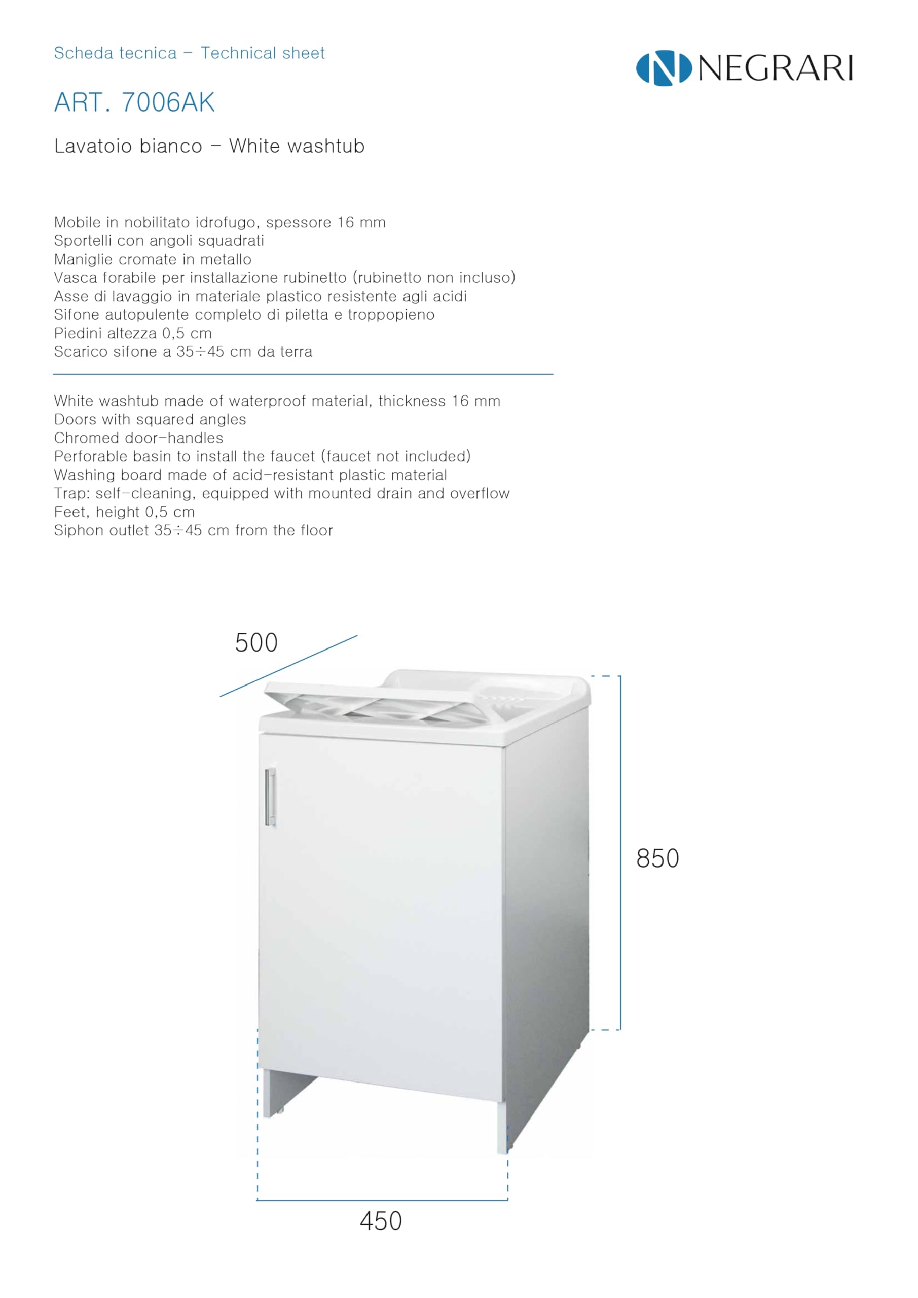 Negrari, Lavabo Lavabo en mélaminé en kit de montage, baignoire résistante aux acides d'usage commun, kit d'échappement inclus, intérieur, L45 x P50 x H85 cm, blanc