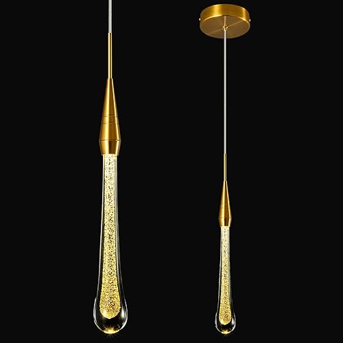 Moderna lámpara de techo para cocina, lámpara colgante LED regulable dorada con mini lágrima de cristal para cocina, isla, dormitorio, entrada,