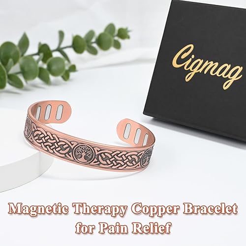 Miniatura 9 de Pulsera magnética de cobre para hombre, con potentes imanes Gauss de 9 x 5000, cobre puro sólido ajustable (árbol de la vida de Lotus)