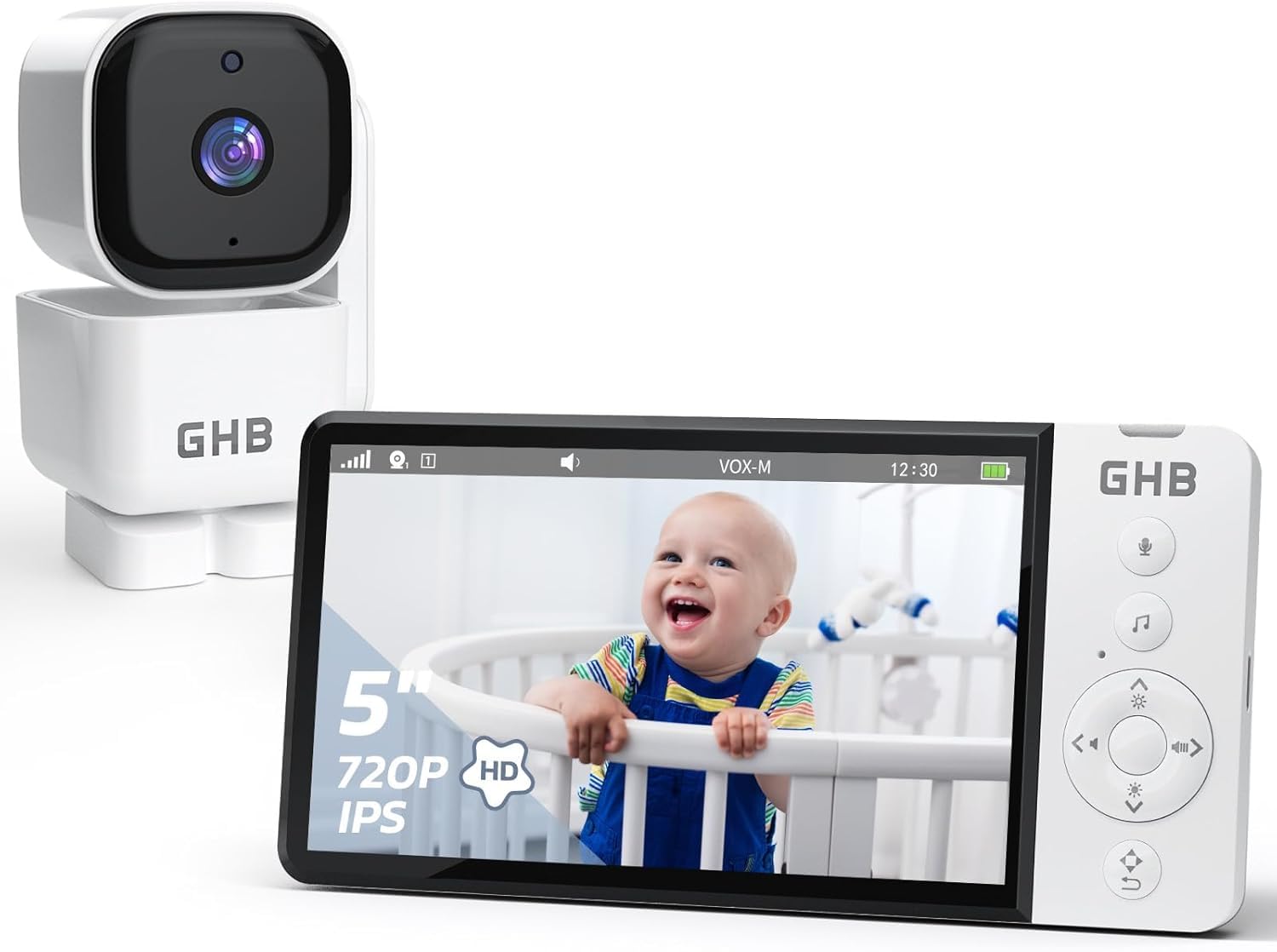 GHB Elektroniczna niania z kamerą 5 cali wyświetlacz IPS 350° obrót 5000 mAh VOX 4-krotny zoom noktowizor wyświetlacz temperatury pomieszczenia dwukierunkowy audio 720