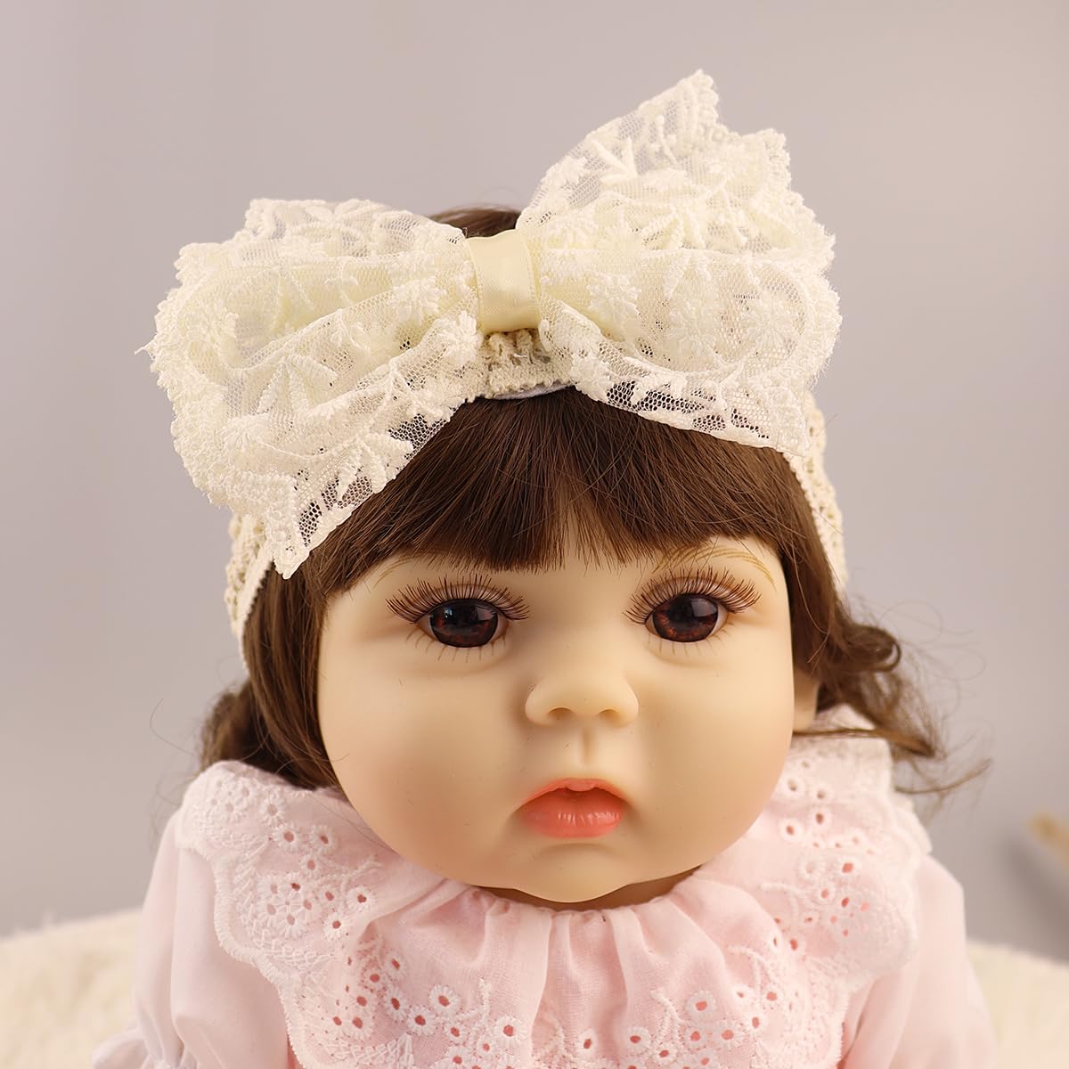 Rannyrena Lace Flower Bow-knot Baby Girls Headband Birthday Infant Wrap Elastic Baby Turban Hairband for Newborn Infant Toddler Kids (Ivory)