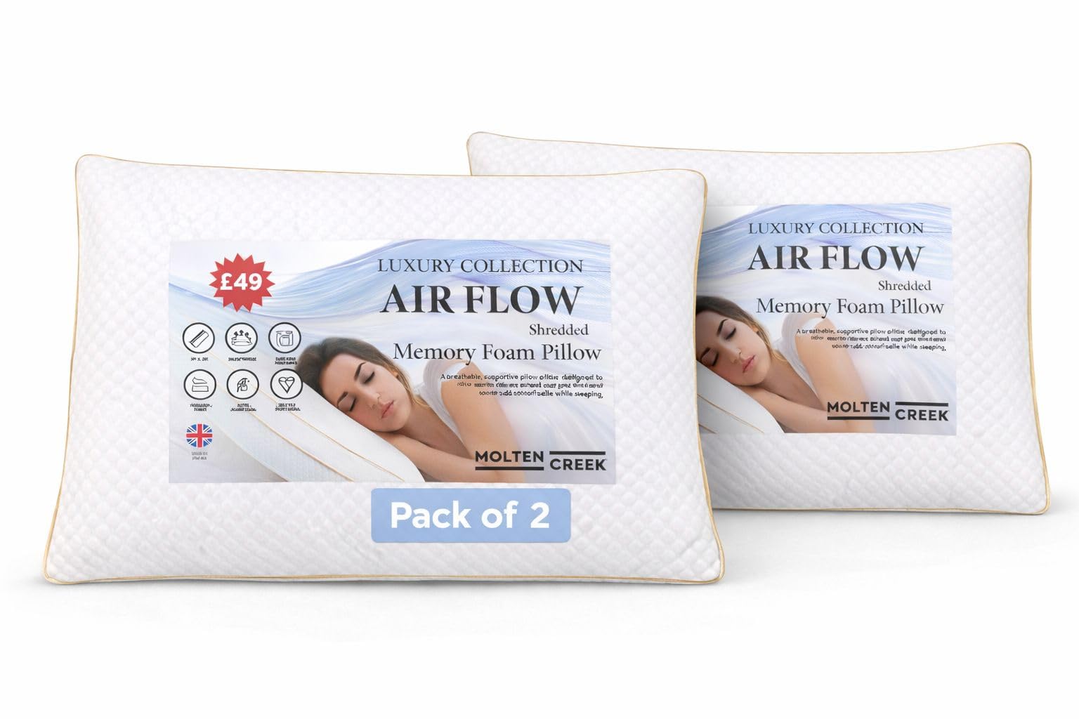 Molten Creek White Molten Creek® Air Flow Orthopaedic Box Pillow, Memory Foam & Hollowfibre Fill, Breathable Neck Support, 48 × 74 Cm. (2)