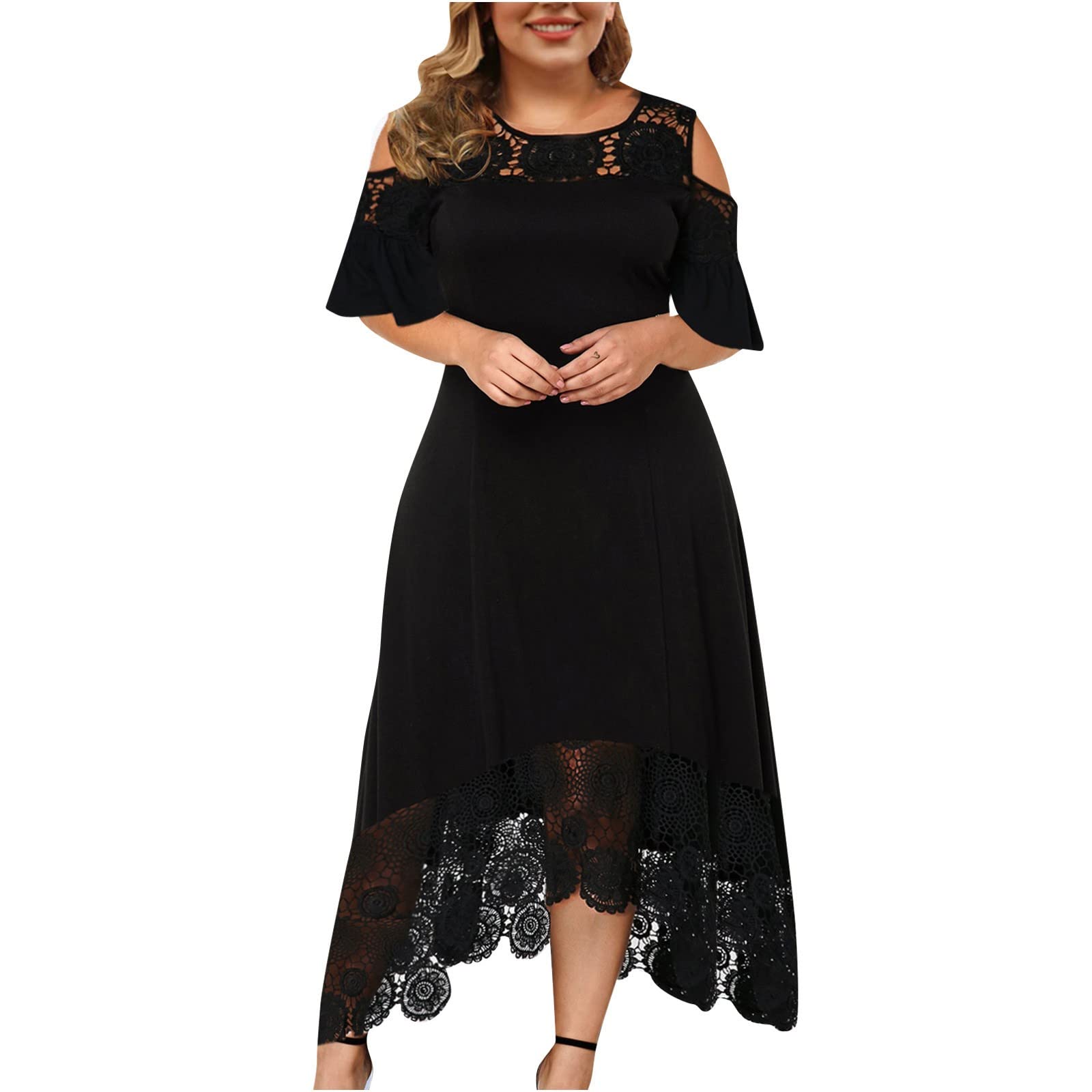 AMhomely Plus Size Dresses for Women Sexy Lace Splicing Cold Shoulder Ruffle Sleeve Dress Casual Loose Dress Summer Maxi Long Dress Oversized Hawaiian Beach Dresses Cruise Outfits Dresses