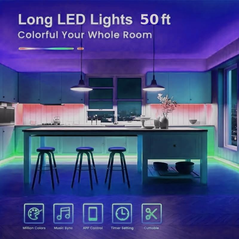 Miniatura 2 de ArtisLigth - Tira de luces LED de 50 pies, tira de luz RGB que cambia de color con aplicación y control remoto, sincronización de música, luces LED