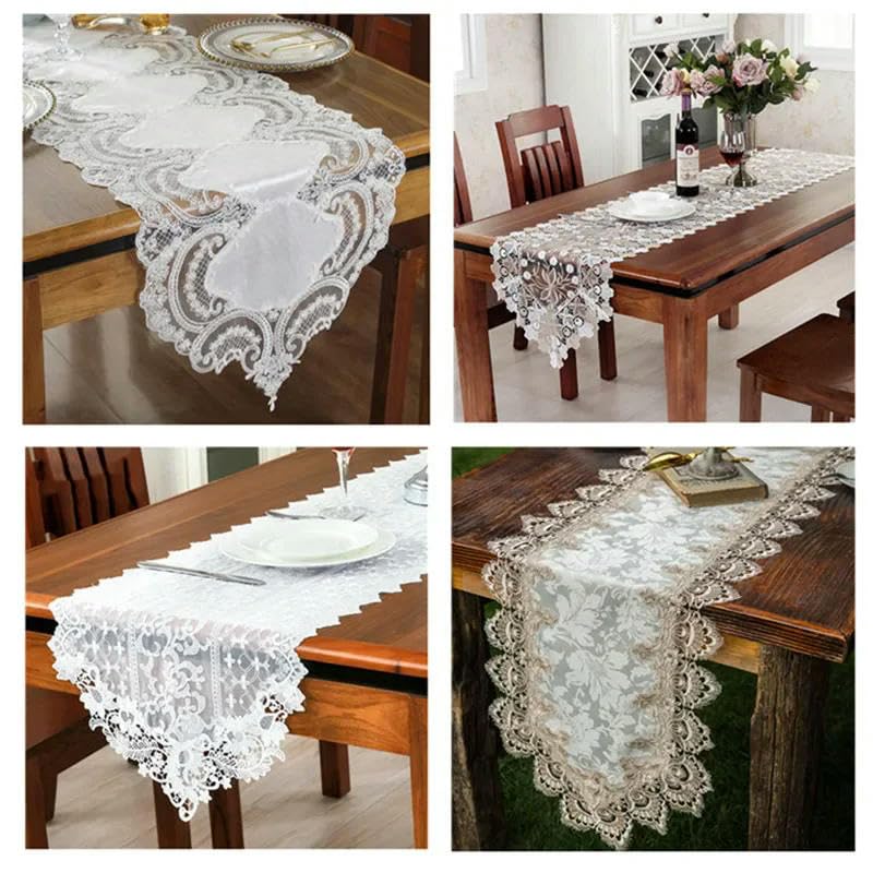 Chemin de table Runne en mousseline de soie - Chemin de table en dentelle pelucheuse - Nappe pour meuble TV - Tissu brodé - Drapeau de table basse - Décoration de mariage - Blanc