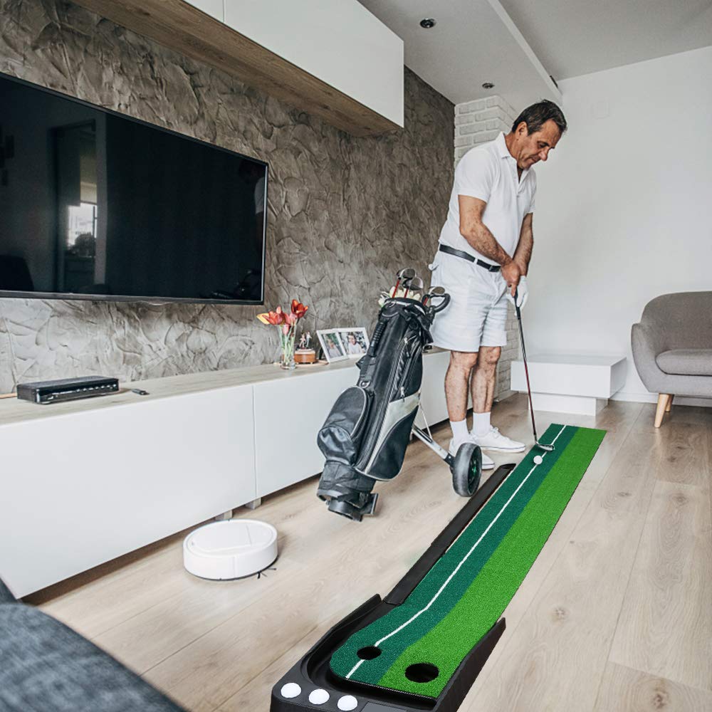 Golf Puttingmatte，Auto Rückkehr Golfmatte，mit Golf Putter,3 Golfbälle，Kunstrasen Golf Putting Matte， für Zuhause Büro Gym，tragbare Übungsmatte für Anfänger und Profis