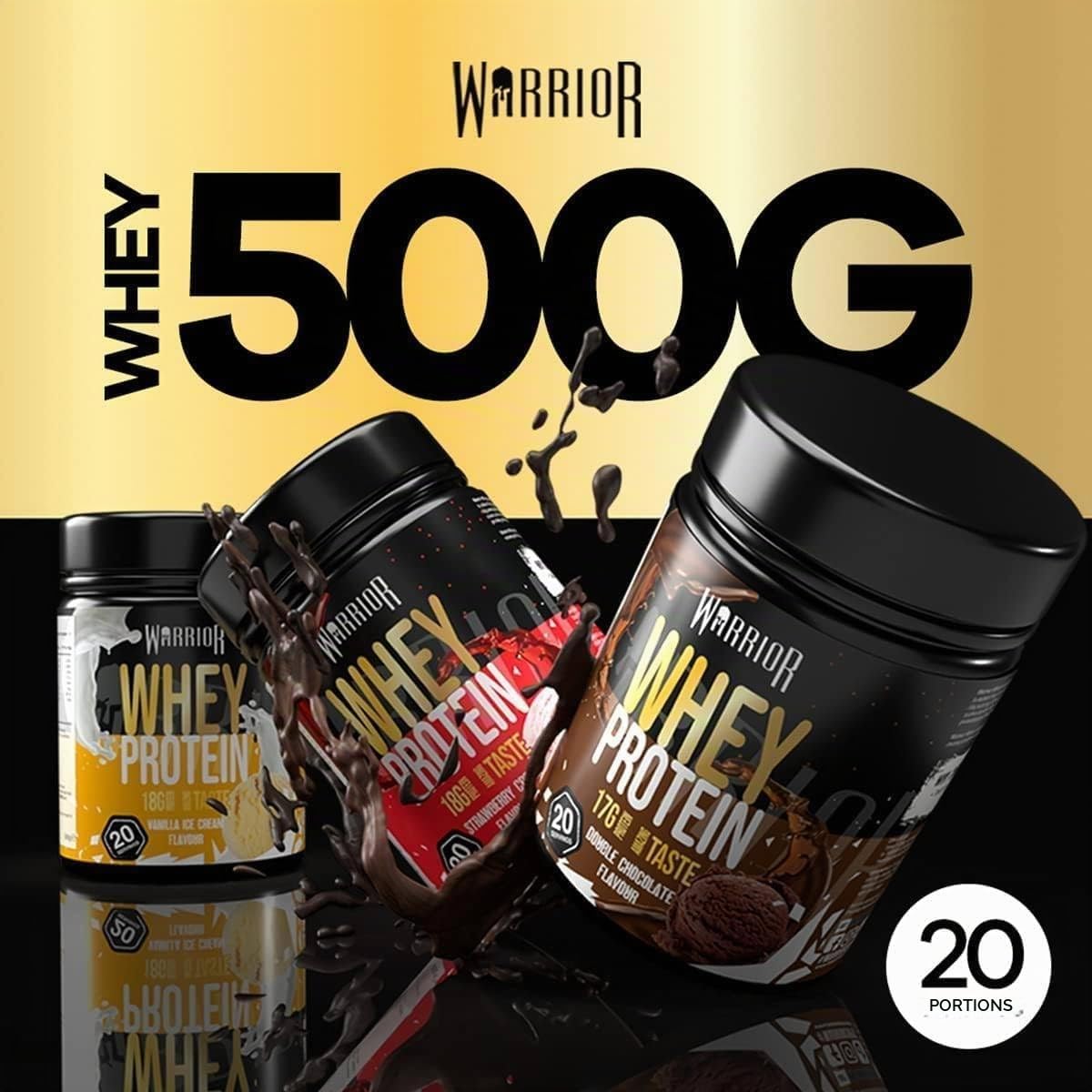 Poudre protéinée Warrior Whey 500 g (jusqu’à 36 g par portion) - Goût délicieux et riche en acides aminés - 20 portions (Double chocolat)