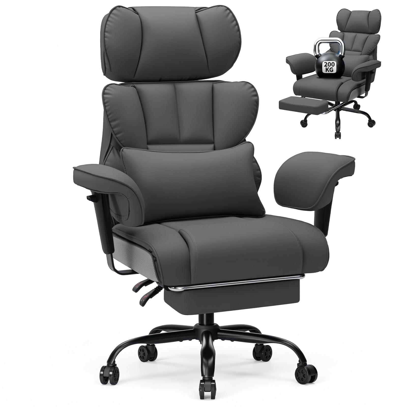 HOFFREE Ergonomischer Bürostuhl mit Fußstütze für Büro(Hellgrau) | PU Leder Chefsessel mit 155°Liegefunktion,Verstellbare Armlehnen und Kopfstütze,Gaming Stuhl 200kg für Schlafzimmer