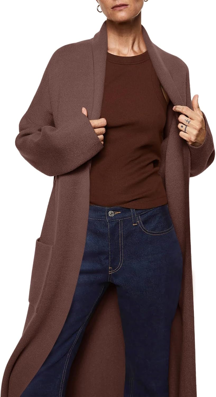 Womens Long Sleeve Maxi Cardigan Open Front Oversized Knitted Sweater Coat Casual Lapel Warm Overcoat with Pockets - Image 2